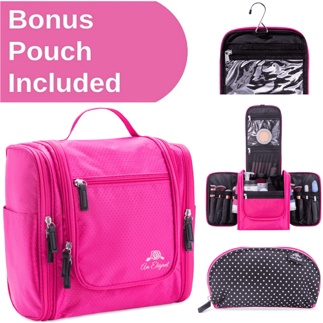 AmElegant PREMIUM Travel Toiletry Bag And Makeup Bag Organizer For Women - Spacious Hanging Cosmetic Bag Storage - Great For Travel Accessories - Makeup Pouch Included (Pink)