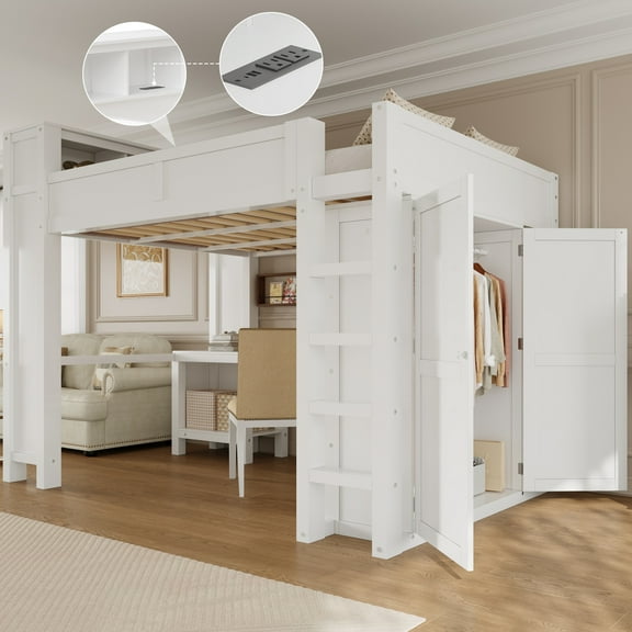 Harper & Bright Designs Queen Size Loft Bed with Wardrobe and Desk, Queen Solid Wood Loft Bed with Storage Shelves USB Charging Station, White