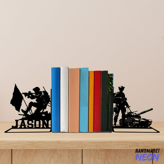Handmadetneonsign Soldier Metal Bookends, Soldier Military Name Bookend, Veteran Table Bookshelf Home Decor 76776