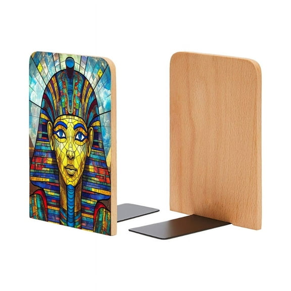 Bookends 1 Pair Non-Skid Bookend Wood Bookends for Shelves Book Stand for CDs - Stained Glass of Pharaoh