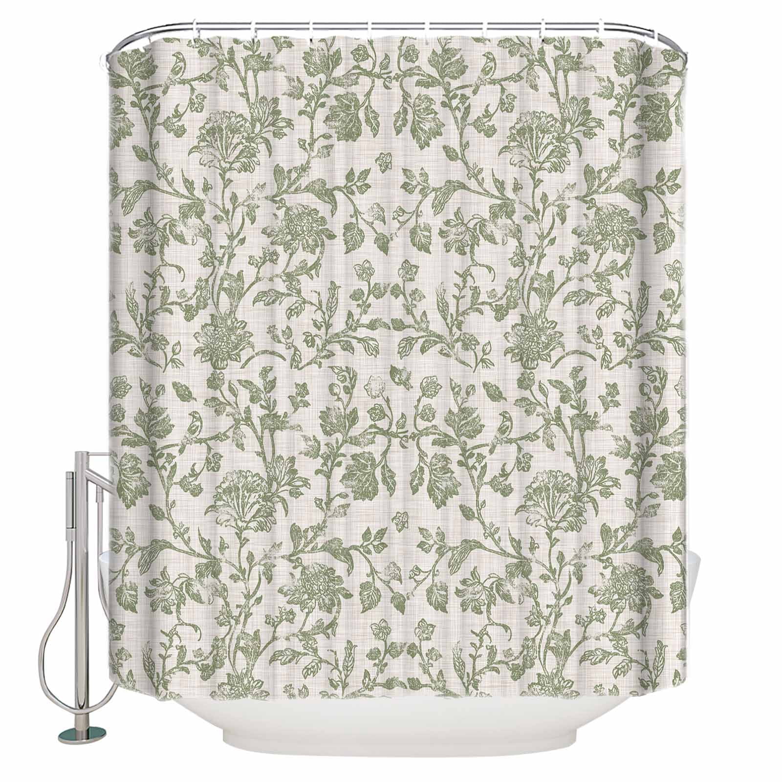 Farmhouse Sage Green Bathroom Curtain 72 Inch Shower Curtain with Hooks, Vintage Flower Leaf Botanical Waterproof Polyester Bath Curtain Washable Bathtub Curtain 72''x 72''