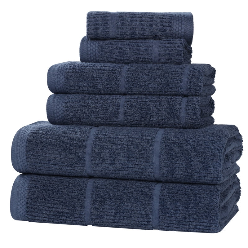 Superior Milo 6 Piece Smart Twist Cotton Towel Set, Medium Weight Ribbed Design Towels, Navy Blue