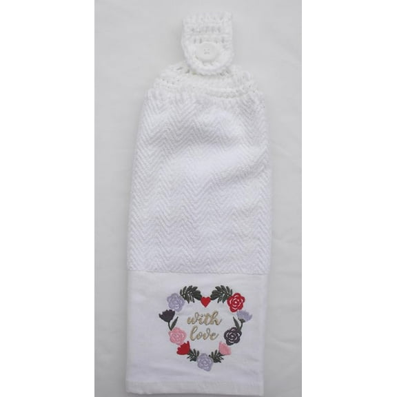 WITH LOVE - EMBROIDERED WREATH OF ROSES - DOUBLE/FULL CROCHET TOP HANGING KITCHEN TOWEL