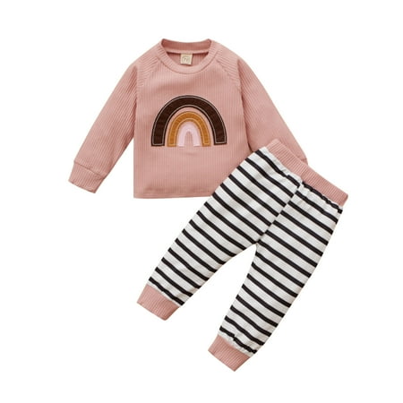 

YWDJ 6-24Months Girls 2 Piece Outfit Set Toddler Infant Kids Fall Suit Stripe Top + Pants Kids Suit Pink 9-12 Months