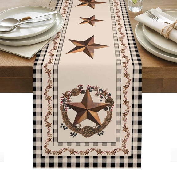 Western Texas Star Vintage Table Runner - 72 Inch Long, Kitchen Dining Table Runner Dresser Scarves, Rustic Wreath Black Beige Plaid Farmhouse Decor for Coffee Tables Wedding Party Banquet