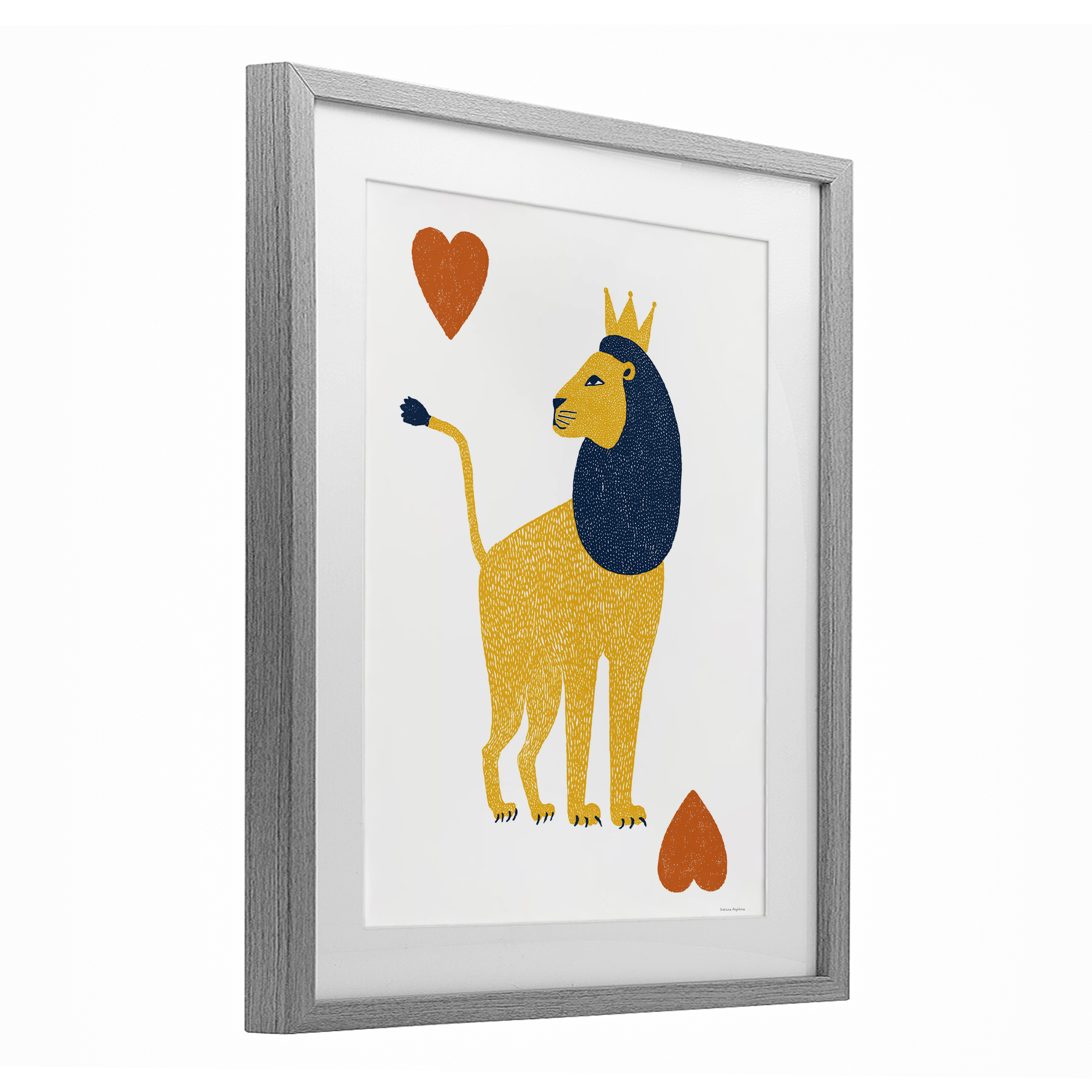 Lion & Hearts Card Gray Framed Print Under Glass, design by Svetlana Aleynikova