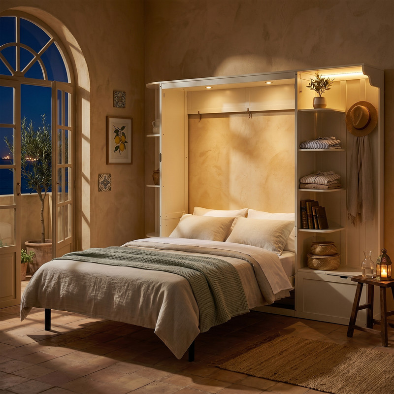 Queen Murphy Bed with Shelves, Coat Hook & Hidden Storage Cabinet, Space-Saving Wall Platform Bed with Built-in Lights