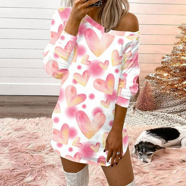 mtvxesu Robes pour Femmes, Robe Ample Confortable à Imprimé Cœur, Col Rond, Manches Longues, Épaules Dénudées, Mini Robes