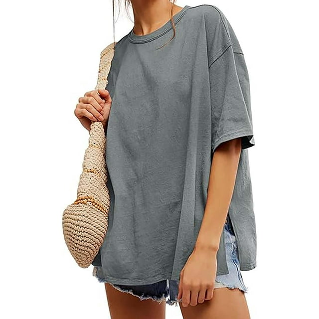 Karight Womens Oversized Tshirts Summer Casual Short Sleeve Crew Neck T Shirt Loose Fit Side Slit Tee Tops