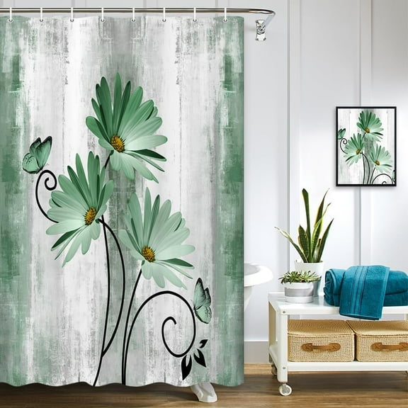 Rustic Farmhouse Shower Curtain, Farm Sage Green Daisy Floral Flowers and Butterfly on Country Wooden Shower Curtain for Bathroom, Turquoise Teal Gray Grey Shower Curtain with 12PCS Hooks, 36X72IN
