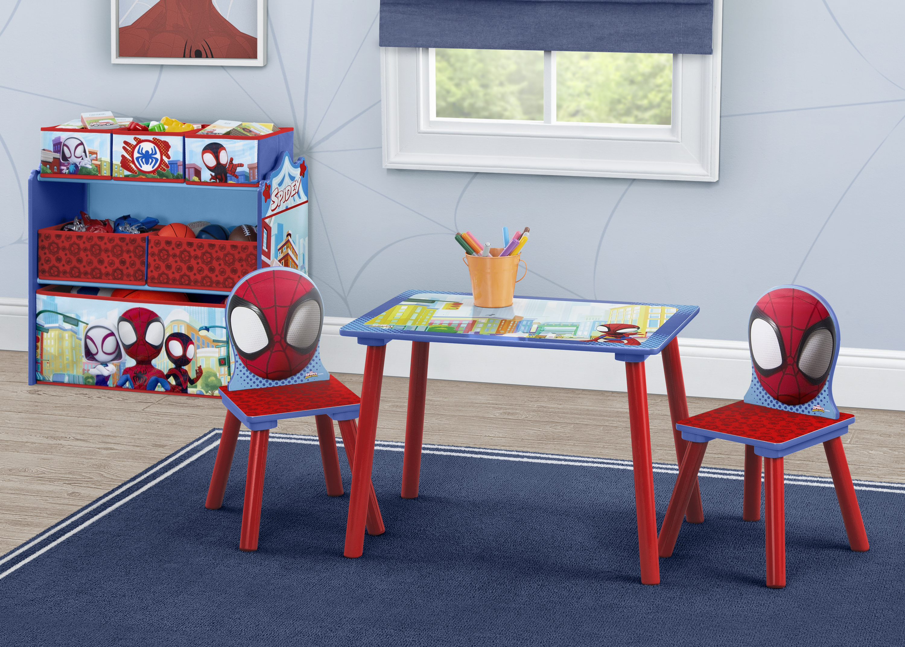 Marvel Spidey and His Amazing Friends 4-Piece Toddler Playroom Set by Delta Children – Includes Play Table with Dry Erase Tabletop and 6 Bin Toy Organizer with Reusable Vinyl Cling Stickers, Blue - image 3 of 11
