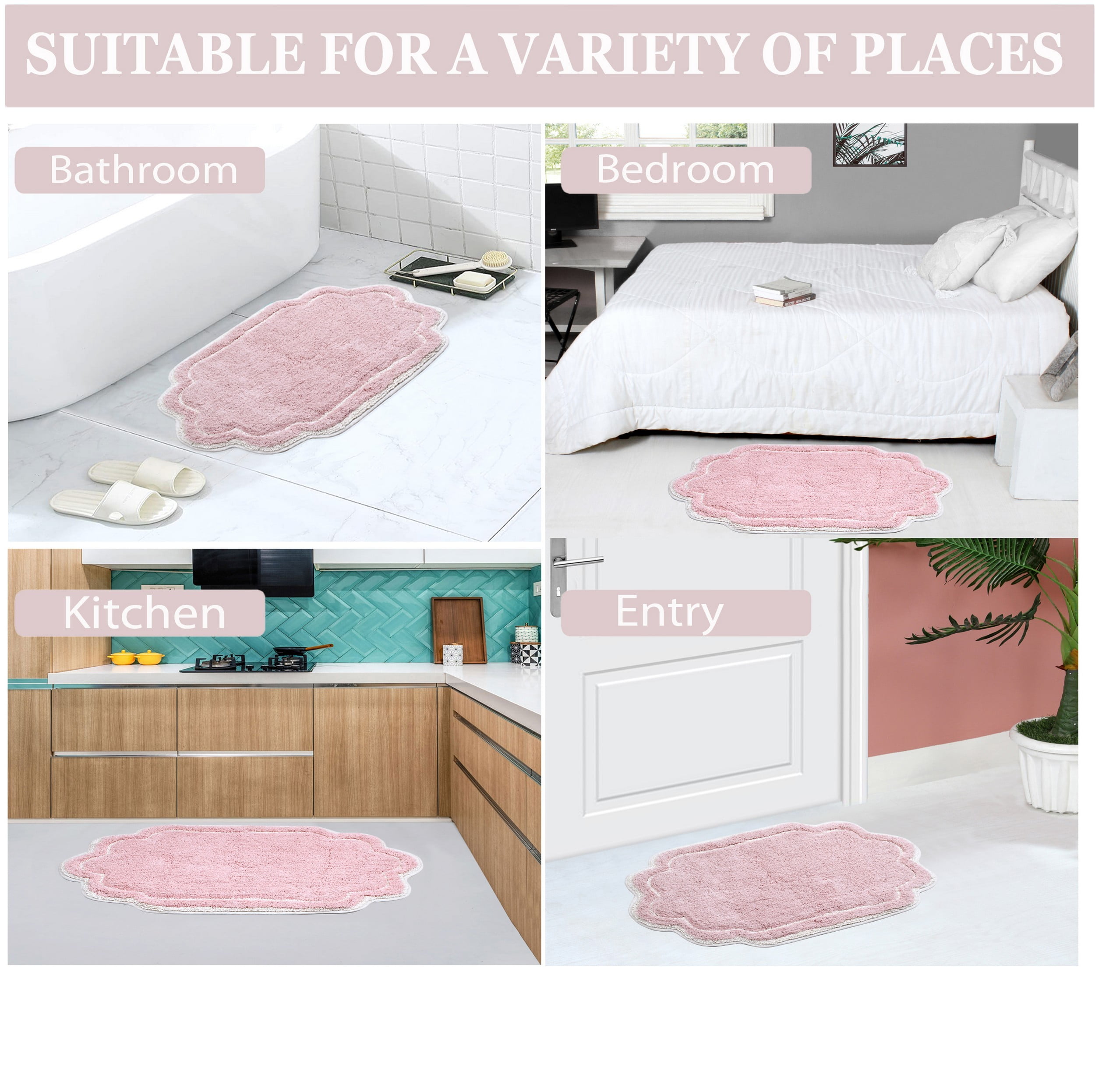 Home Weavers Allure Collection 100% Cotton Non-Slip Bathroom Rug Set Machine Washable Bathroom Rug-17"x24", Bath Rug- 21"x34", Pink Color 2 Piece Bath Carpet set