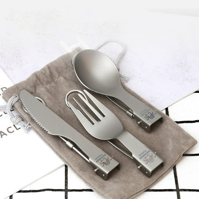 Juegos de cubiertos de titanio para acampar y hacer senderismo al aire libre: juego de cuchillos, tenedores y cucharas plegables, juego de utensilios portátiles de viaje de 3 piezas con estuche de tra