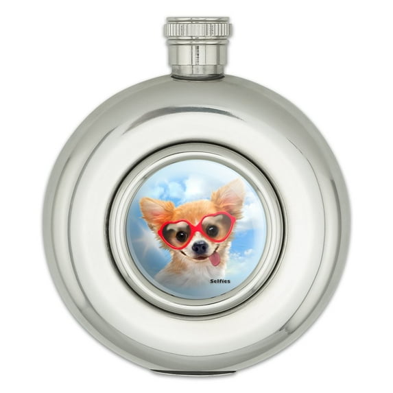 Chihuahua Dog Heart Glasses Selfie Round Stainless Steel 5oz Hip Drink Flask
