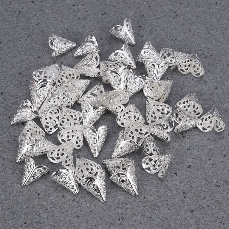200Pcs Metal Flower Bead Caps - Gold Silver White Cyan Filigree Cones For DIY Jewelry Making