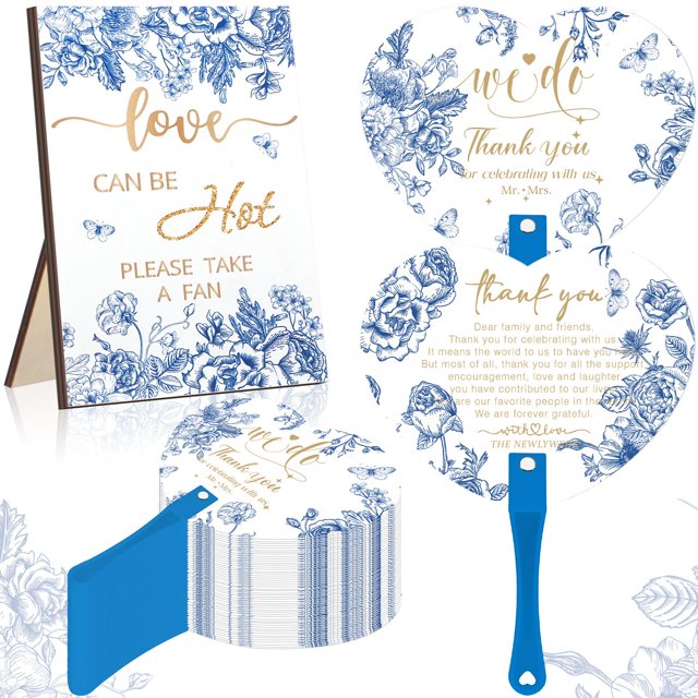 Wedding Fans Roowest 101 unidades para invitados con letrero de mesa azul