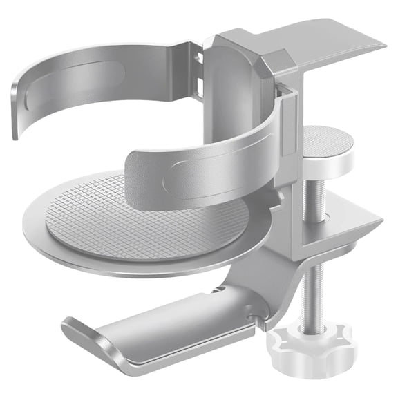 2-in-1 Desk Edge Cup Holder with Headphone Stand, Silver ABS Aluminum Alloy Swivel Clamp On Design, Non-slip Base, 4.5 in / 11.5 cm Wide, No-Drill Mount for Stanley Cups & Most Desks