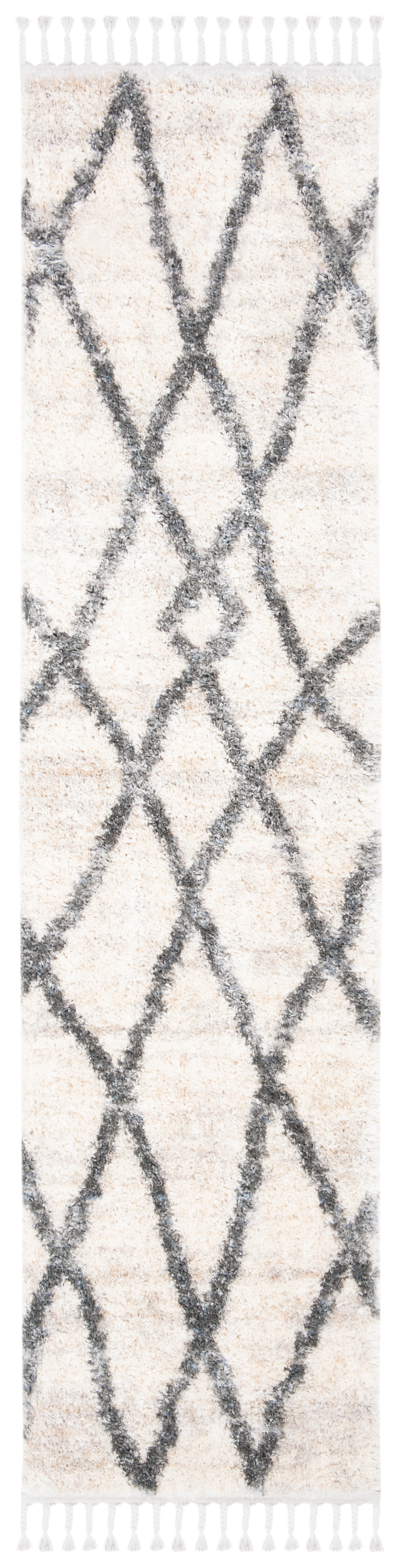 SAFAVIEH Berber Fringe Amyas Geometric Shag Runner Rug, Creme/Black, 2' x 8'