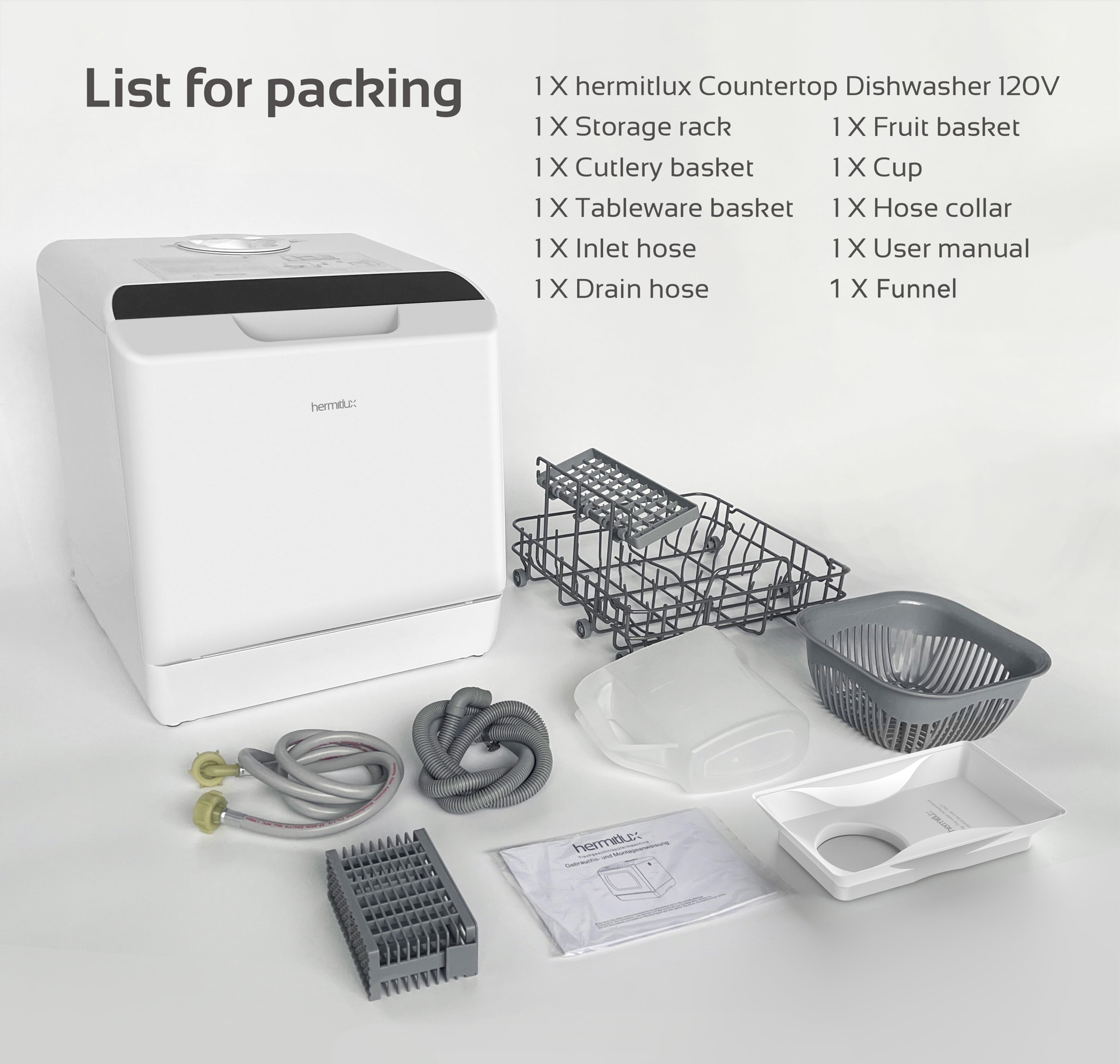 Hermitlux Portable Dishwasher Countertop, 5 Washing Programs Mini Dishwasher with 5-Liter Water Tank, HMX-DW04