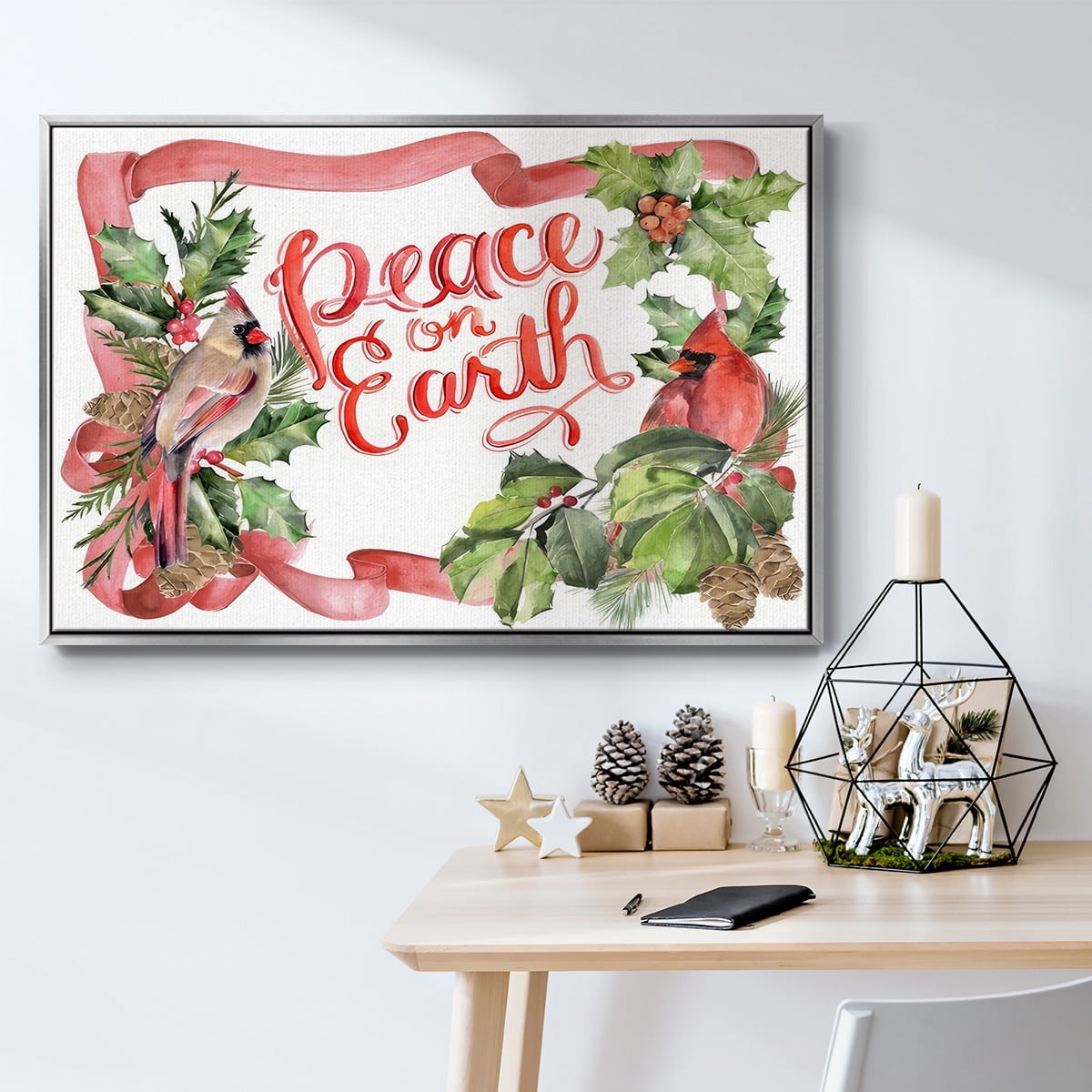 Cardinal Holly Christmas Collection A - Framed Gallery Wrapped Holiday Canvas - 25 x 37 - Silver Frame