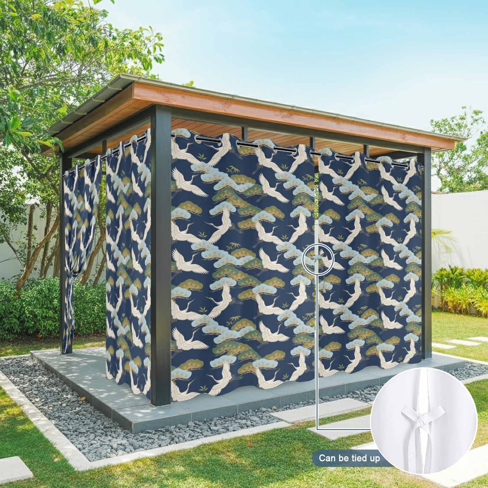 Flying Cranes Outdoor Curtains for Patio, Gold Pine Branches Navy Blue Background Sunshade Privacy Drapes Grommet Waterproof Outside Curtains for Porch/Cabana/Balcony 54"x 108", 1 Panel