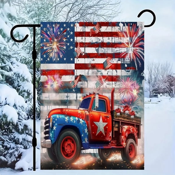RKSupls Patriotic Linen Double Sided Garden Flag, Independence Day Themed Yard Decor, Red Truck with Fireworks on Wooden Flag Wall Outdoor Banner for Holiday Lawn