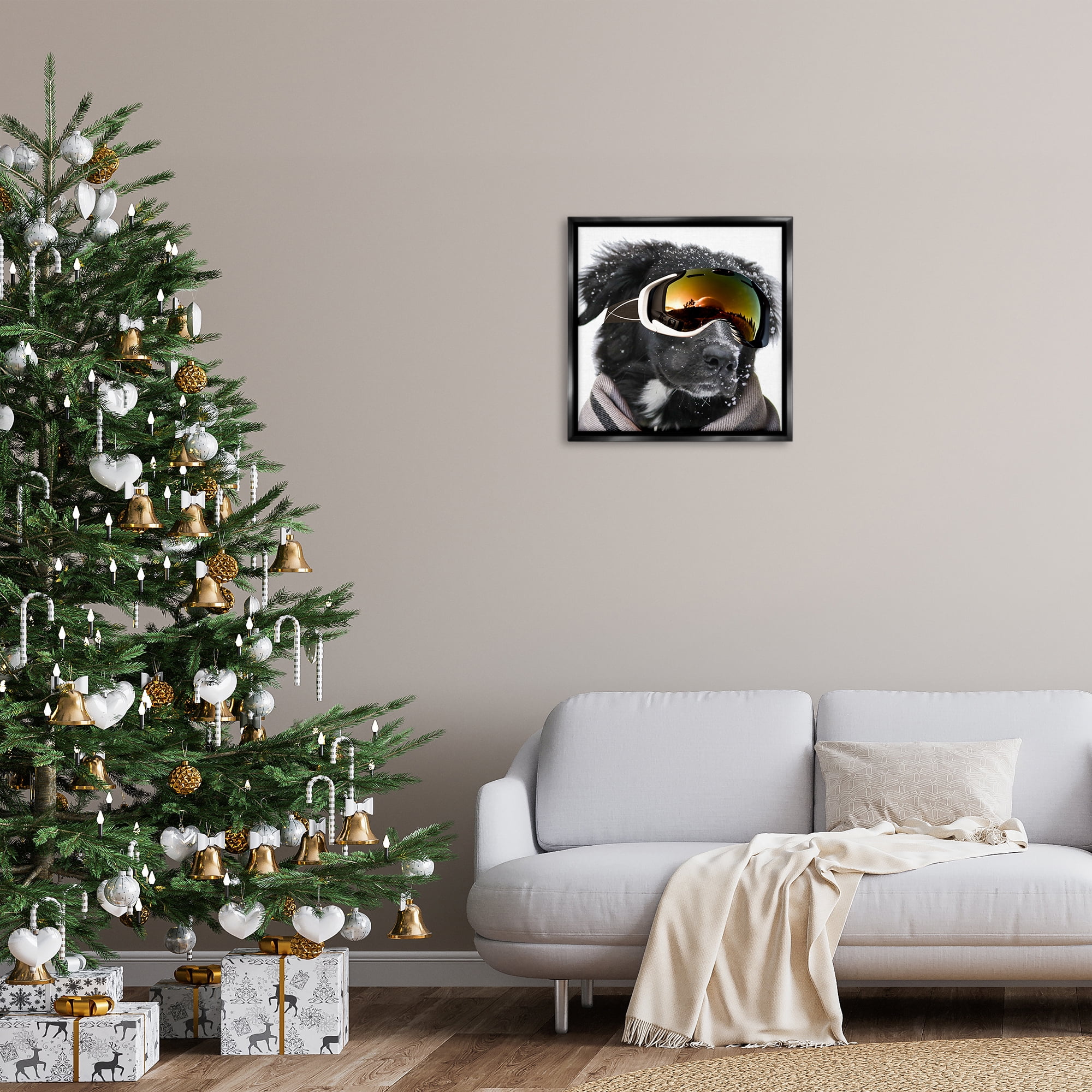 Stupell Industries Snowboarder Dog with Goggles Animals & Insects Painting Black Floater Framed Canvas Art Print Wall Art, 25 x 25