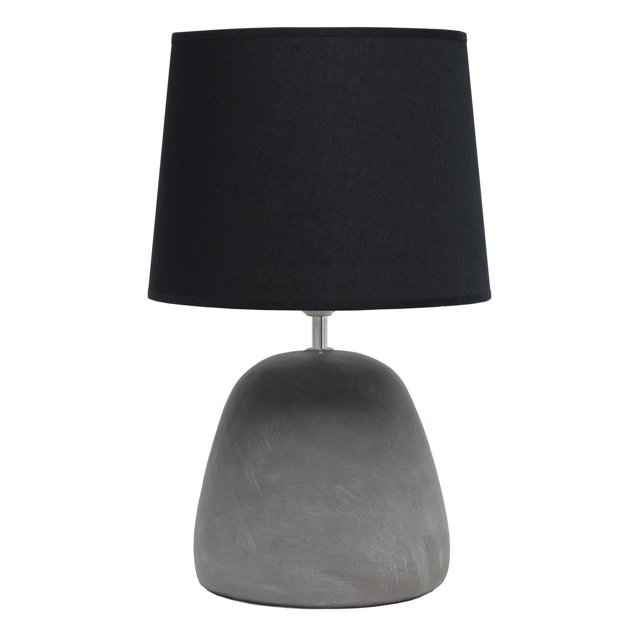 Simple Designs Round Concrete Table Lamp with a rounded gray concrete base and black fabric drum shade, shown front-facing on white background, ideal for modern home or office lighting and suitable as a bedside lamp.