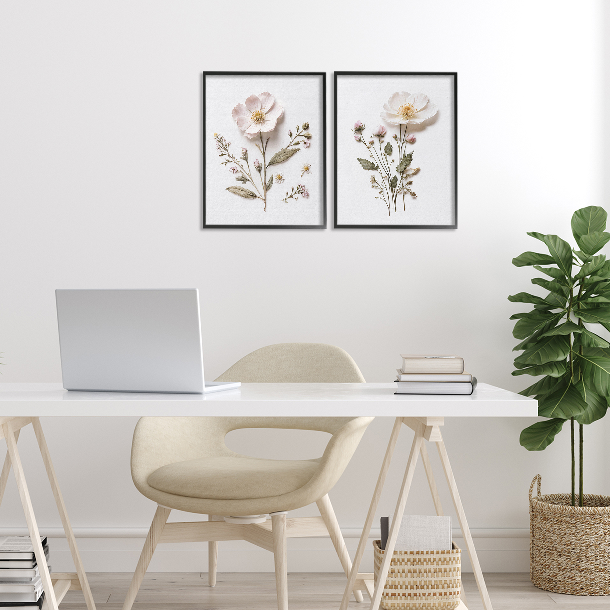 Minimal Pressed Flowers 2 Piece Black Framed Giclee Art Set, design by Lettered and Lined
