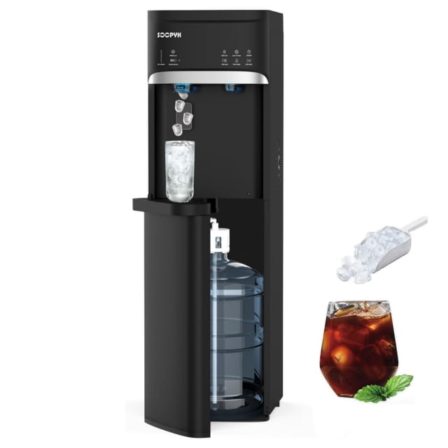 SOOPYK Bottom Loading Water Dooler Dispenser with Ice Maker for 5 Gallon Bottle,Hot/Cold/Room,Ice Full Alert,22lbs/24H,Self-Clean,Child Safety LockBlack