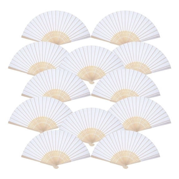Bamboo Folding White Paper Hand Held Fans for Wedding Church Party Favors Diy Craft Decoration White 12 Pack