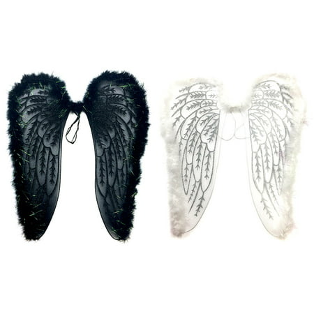 Mozlly Value Pack - Black Fluffy Glittery Adult Angel Costume Wings AND White Fluffy Glittery Adult Angel Costume Wings - 2 Items - Item #K110110-110111