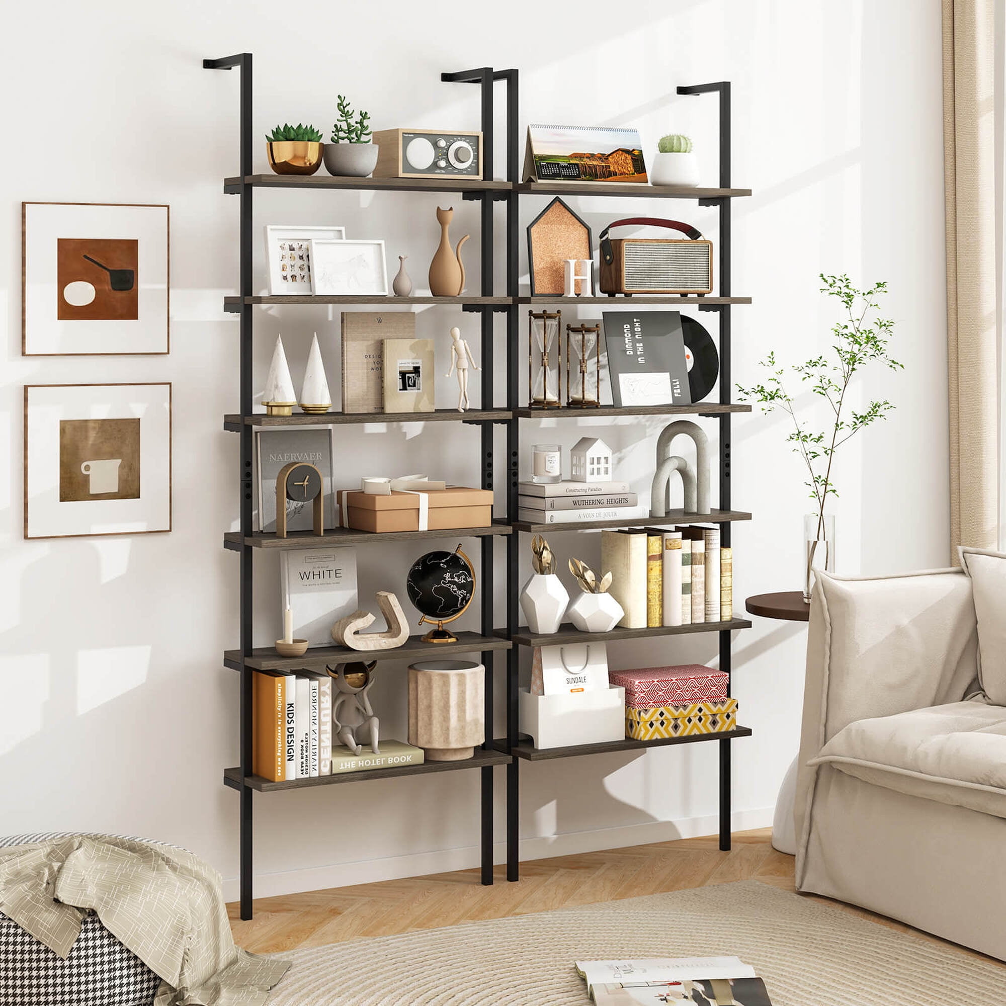Costway 6-tier Ladder Shelf 72 Inches Industrial Wall Mounted Bookshelf Oak