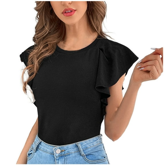 Women's Elegant Ruffle Blouses Cap Sleeve Slim Basic Shirts Solid Color Round Neck Pullover Ladies Casual Blouse