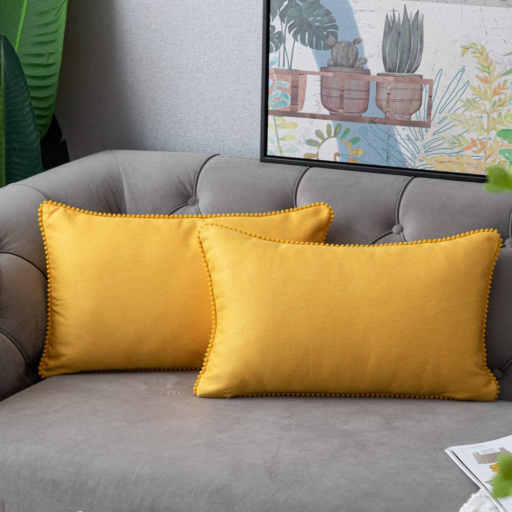 Set of 2 Mustard Yellow Lumbar Pillow Covers 12x20 Inch Rustic Cute Pom