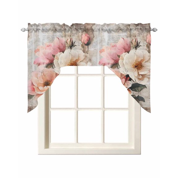 Pink Spring Floral Kitchen Curtains Swag Valance for Windows/Bathroom/Cafe, Vintage Pastoral Flowers Summer Botanical Rod Pocket Drape Panel Swag Curtain Valance for Bedroom/Living Room 55''x36''