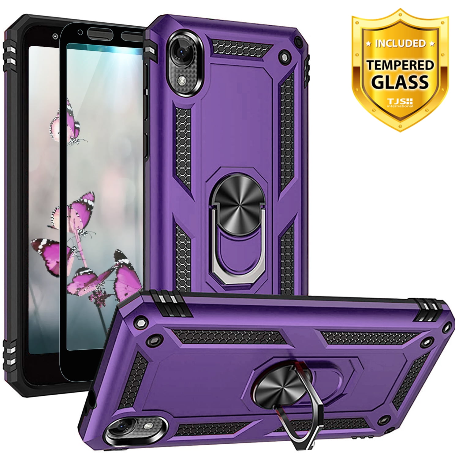 TJS Phone Case for Motorola Moto E6, [Full Coverage Tempered Glass Screen Protector][Impact Resistant][Defender][Metal Ring][Magnetic][Support] Heavy Duty Armor Phone Cover (Purple)