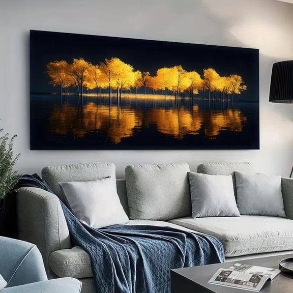Framed Canvas Wall Art โ Golden Trees Reflecting on Water, 48x24 Inch (120x60cm), Modern Home Decor for Living Room Bedroom Office