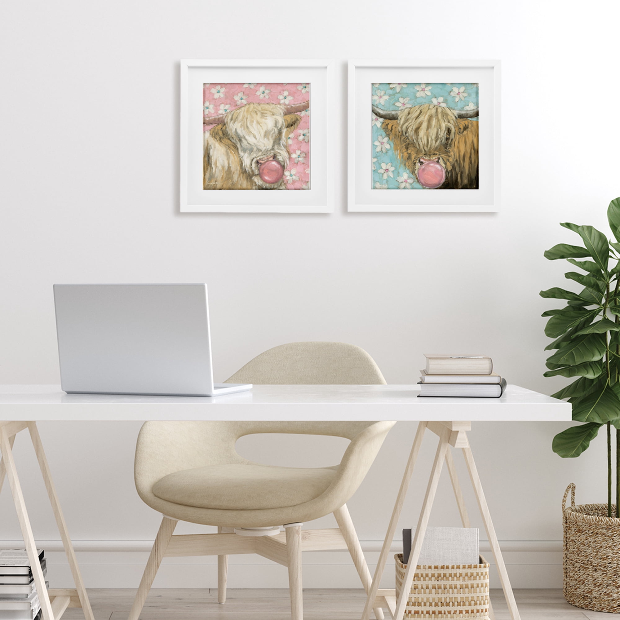 Stupell Industries Cute Bubblegum Highland Cattles 2 Piece White Framed Print Under Glass Set, design by Sara G. Designs