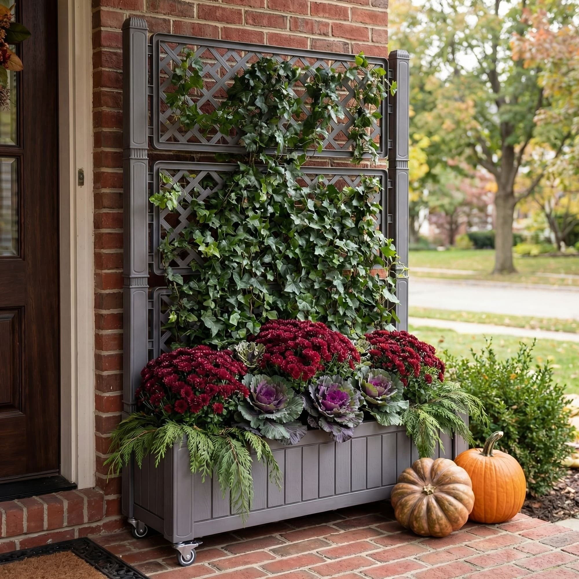 Uforic Outdoor 42.5x14.2x61 in Privacy Screen & Planter Box with Trellis, Raised Garden Bed with Wheels & Drain Plug, All-Weather Light Brown Planter for Climbing Plants, Flowers, Herbs