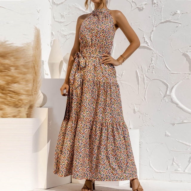 SMihono Robe Maxi Bohème d'Été pour Femmes Grande Taille Mode Été Dos Nu Sans Manches Imprimé Sexy Décontracté Robe Longue de Plage