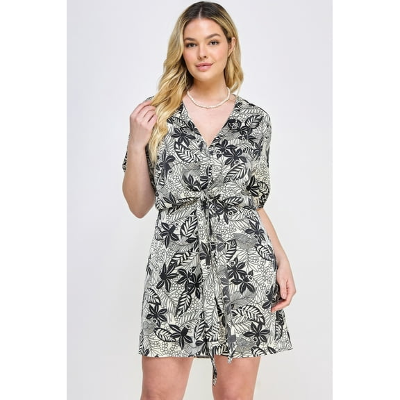Saronite Plus Size Botanical Print Deep V Neck Short Sleeve Seamless Front Tie Mini Dress, Black (Women's)