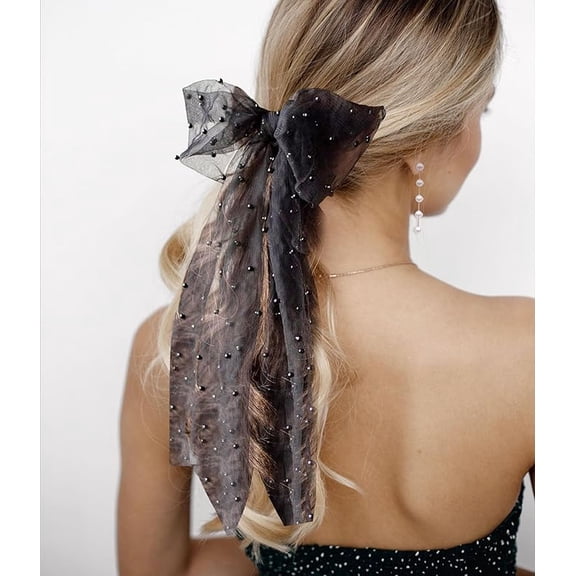 Black Bow Headwear Set - Bridal Headband Party Decoration White pearl earrings are given