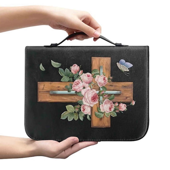 Cross Bible Covers for Cross Bible Case for Faith Cross Bible Bag Leather Bible Cover Bible Carrying Case Waterproof Bible Cover Study Organizer Tote Bag,Floral Cross