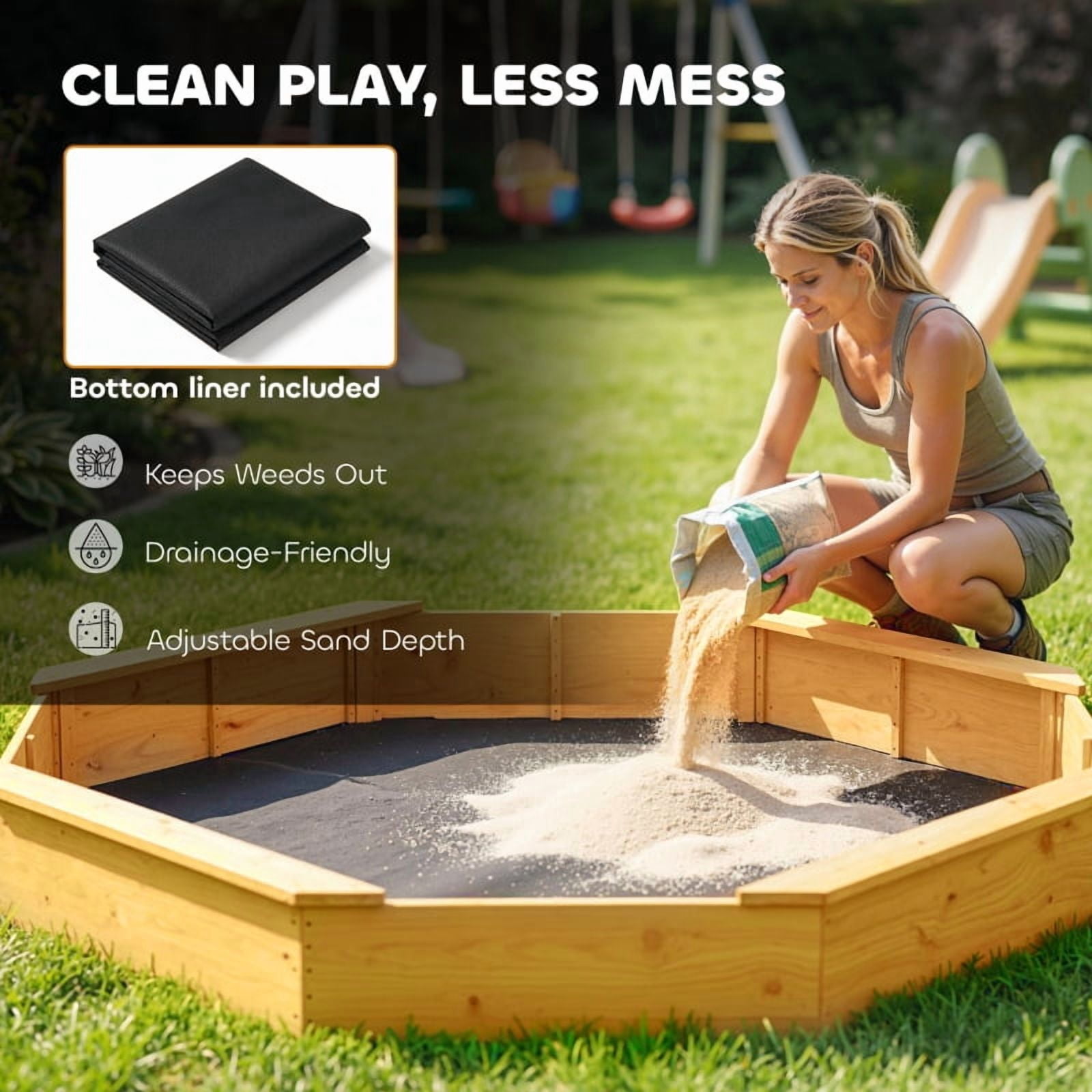 Alvantor Octagonal Wooden Sandbox with Canopy, Outdoor Sand Box with 4 Bench Seats for Kids Aged 3-8 Yellow 84.4"