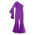 thumbnail image 3 of YONGHS Girls Shiny Metallic One Shoulder Flare Sleeve Wide Leg Bell Bottom Gymnastics Jumpsuit Purple 16, 3 of 5