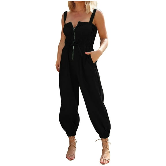 Oplxuo Womens Zipper Front Cargo Jumpsuit Athletic One Piece Jogger Pants Chic Ruched Elastic Waist Rompers with Pockets