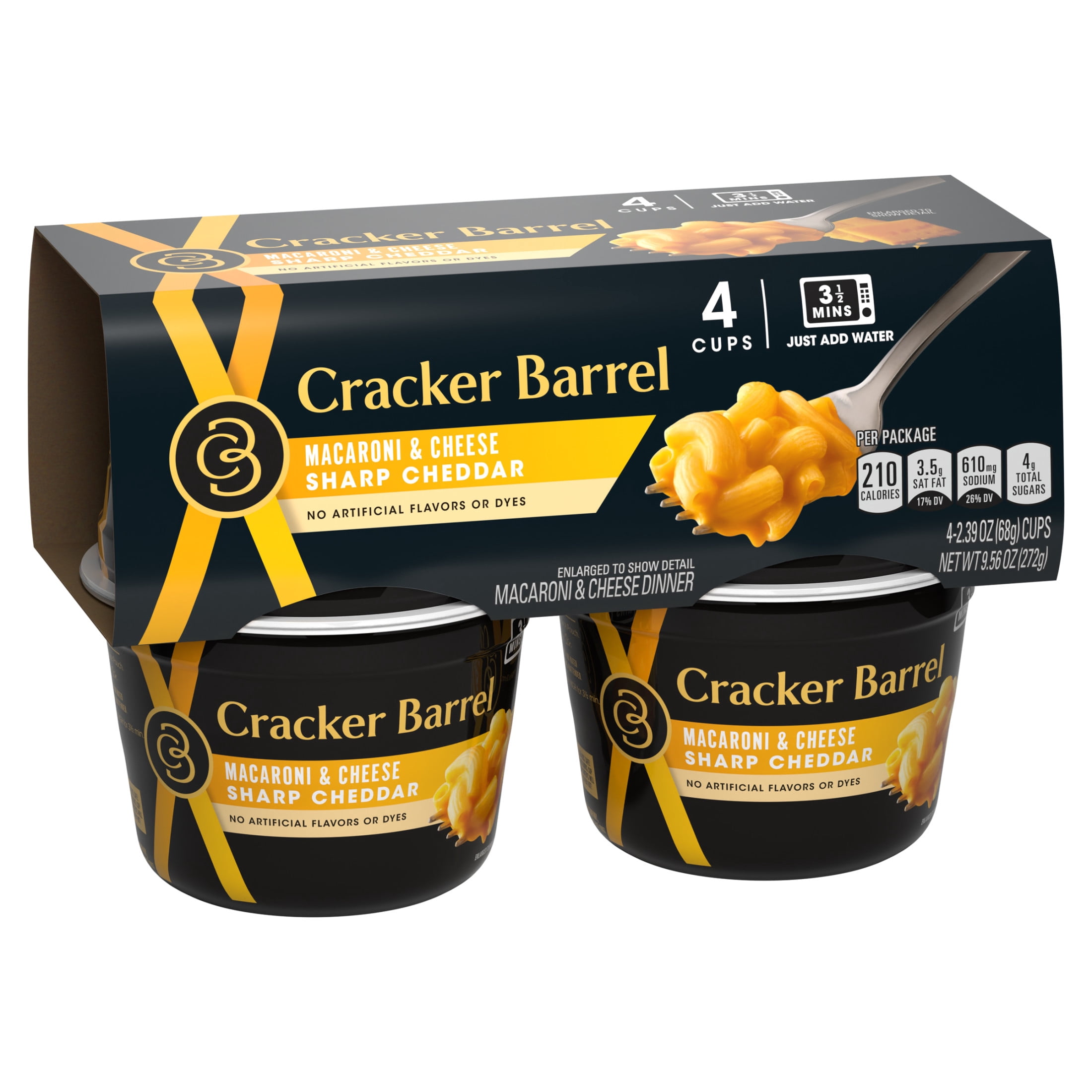 Cracker Barrel Mac and Cheese, 4 Cups, for Easy Dinner or Dinner Sides, Sharp Cheddar, No Artificial Flavors or Dyes, 2.39 oz