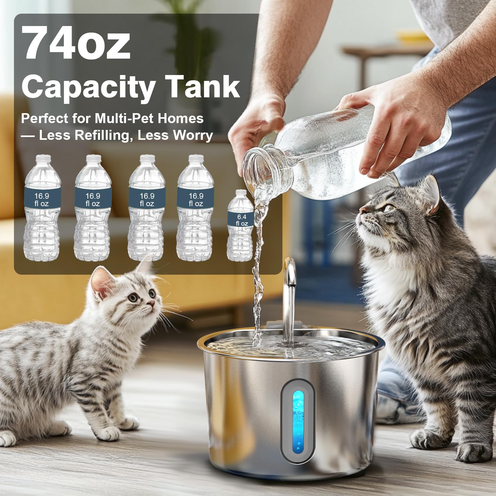 74oz/2.2L Stainless Steel Cat Water Fountain - Quiet Pet Water Dispenser for Indoor Cats, Pet Drinking Dispenser For Kittens & Small Animals