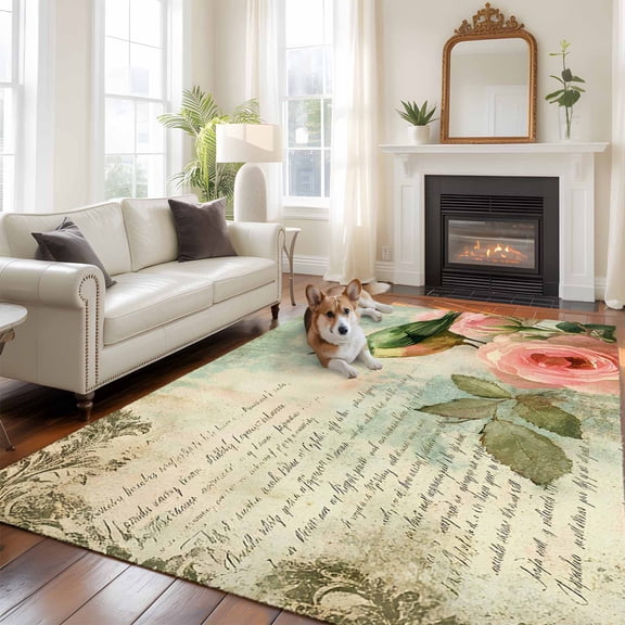 6'x9' Area Rugs, Vintage Pink Floral Indoor Outdoor Area Rug for Living Room Bedroom, Birds Retro Mottled Middle Century Washable Bathroom Rugs Kitchen Floor Carpet Mats Home Decor Aesthetic